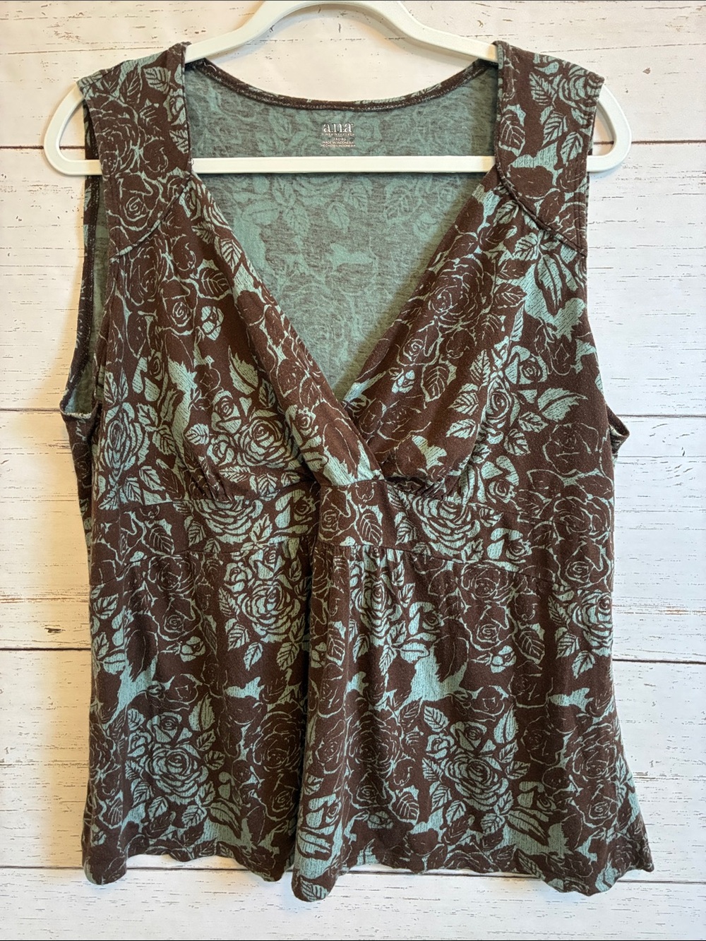 a.n.a. Brown &  Lt. Blue Faux Wrap Tank Top Blouse  w/ Empire Style Waist, sz 1X